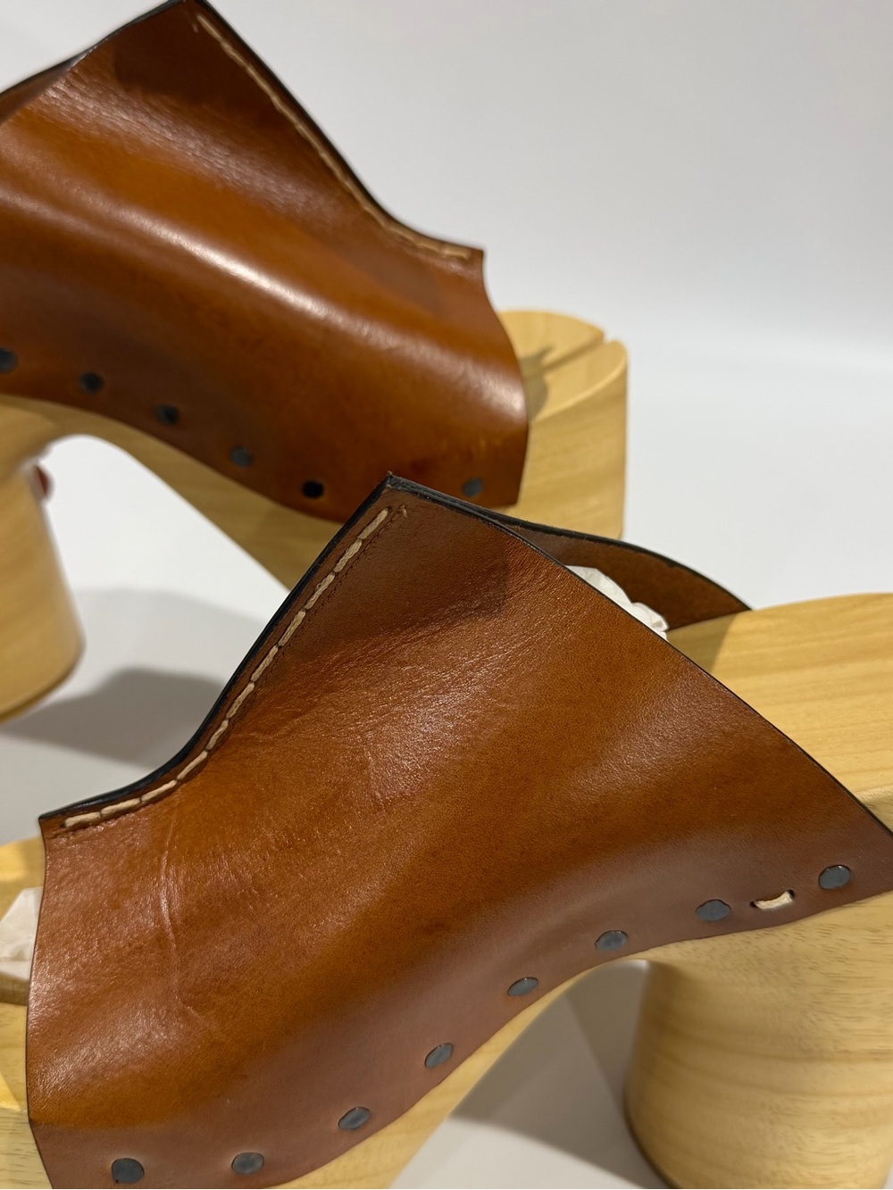 Maison Margiela Tabi Wood Sole Platform Brown Leather Mule Sandal Heels EU40 US9 - Picture 6 of 16